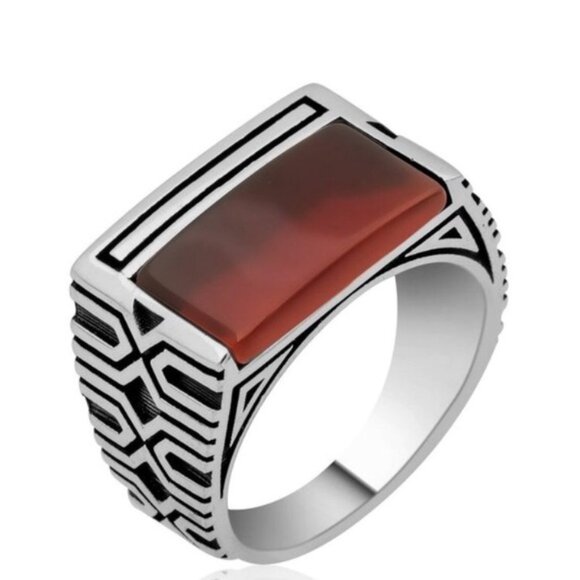 925 Sterling Silver Men's Ring With Agate Stone - Picture 12 of 12